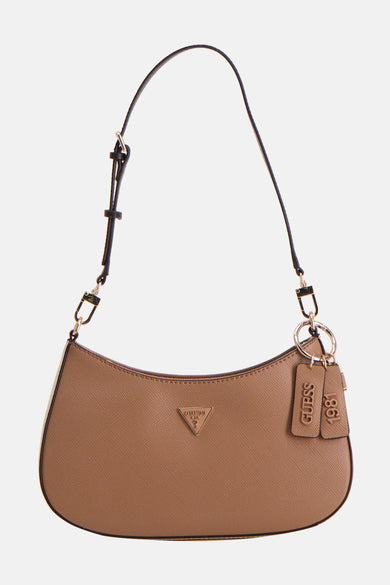 Sac à bandoulière brun en similicuir Guess avec bretelle réglable et porte-clés logo.
