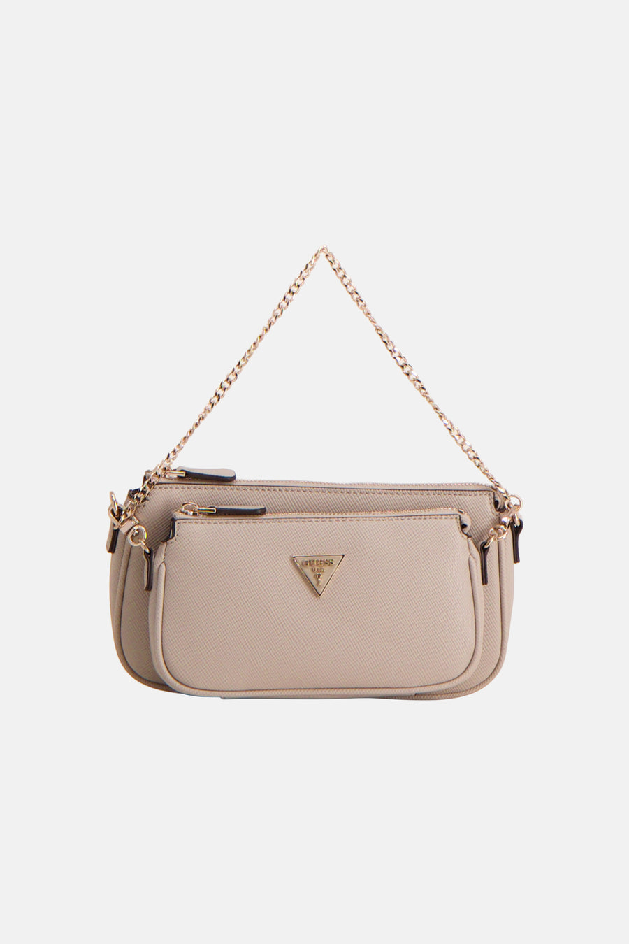 Sac à bandoulière beige de Guess, avec une bandoulière chaîne dorée et un petit porte-monnaie avant.
