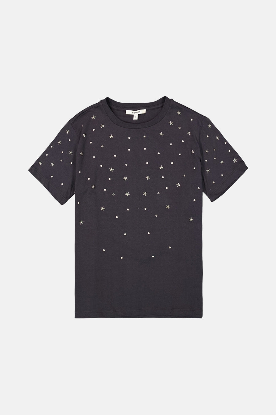 T-shirt noir à manches courtes de GARCIA avec des étoiles et des pois décoratifs.