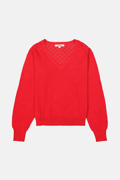 Pull à col en V rouge de GARCIA avec motif ajouré et manches longues resserrées.