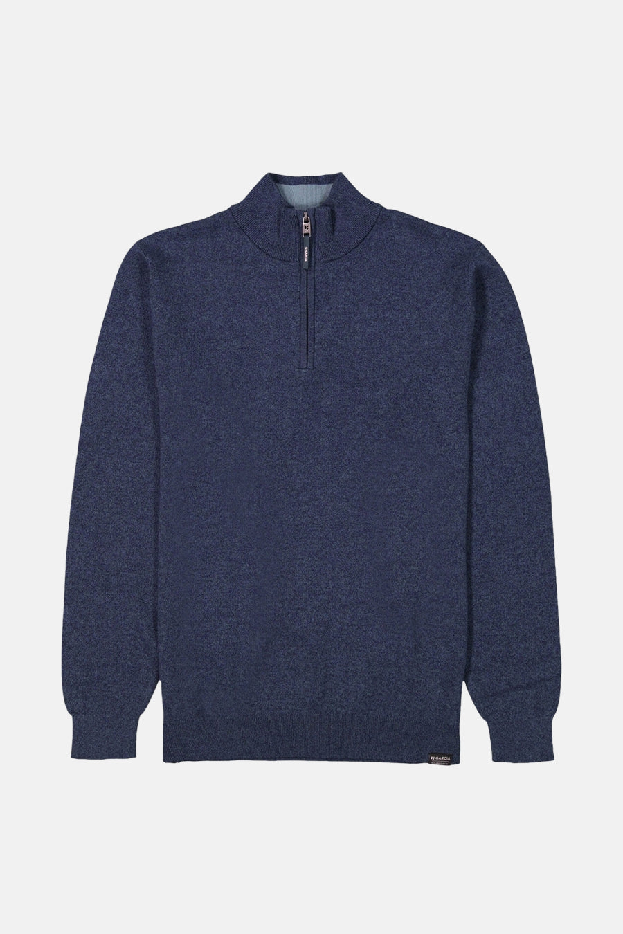 Garcia blauwe coltrui met ritssluiting en gemêleerde textuur.