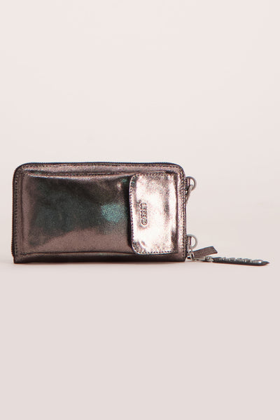 Shiny silver metallic crossbody bag by Legend with front pocket and chain zipper pull, front view