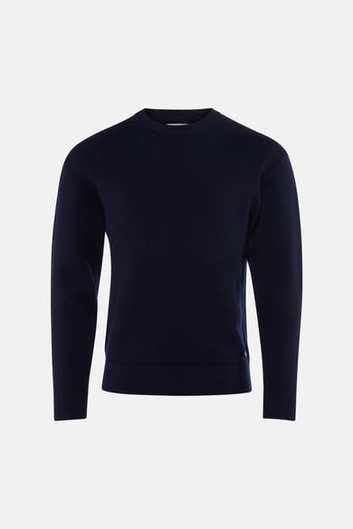 Navy blue crewneck sweater with ribbed cuffs and hem, front view, solid knit texture