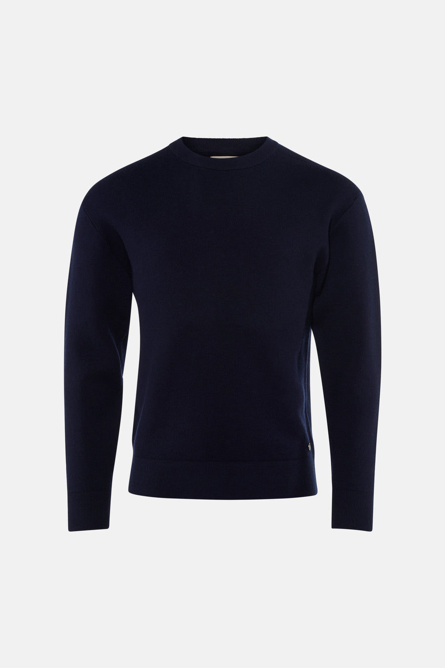 Navy blue crewneck sweater with ribbed cuffs and hem, front view, solid knit texture