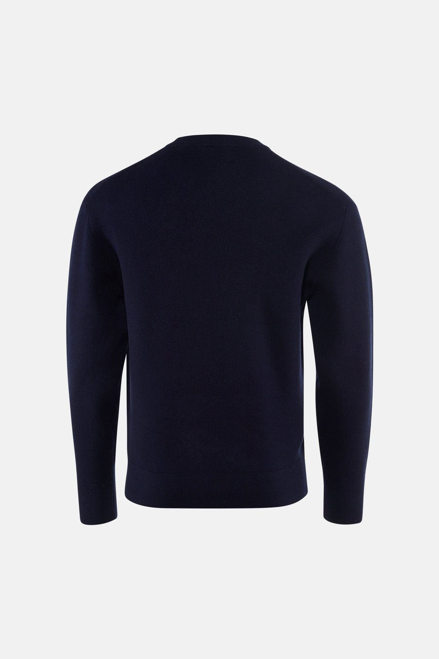 Navy blue crewneck sweater back view, ribbed cuffs and hem, smooth knit texture