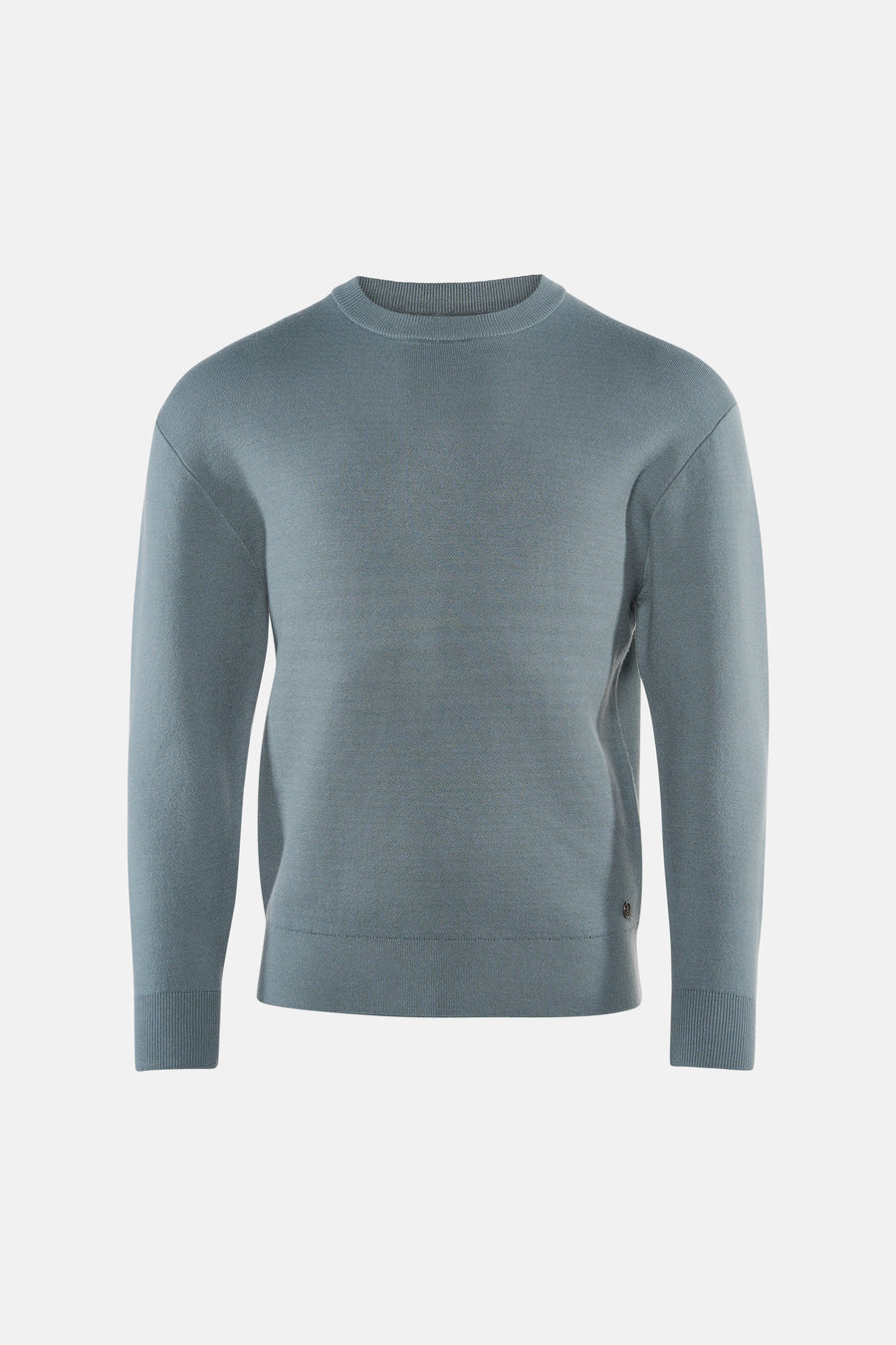 Blue crewneck sweater with ribbed cuffs and hem, front view, soft knit texture