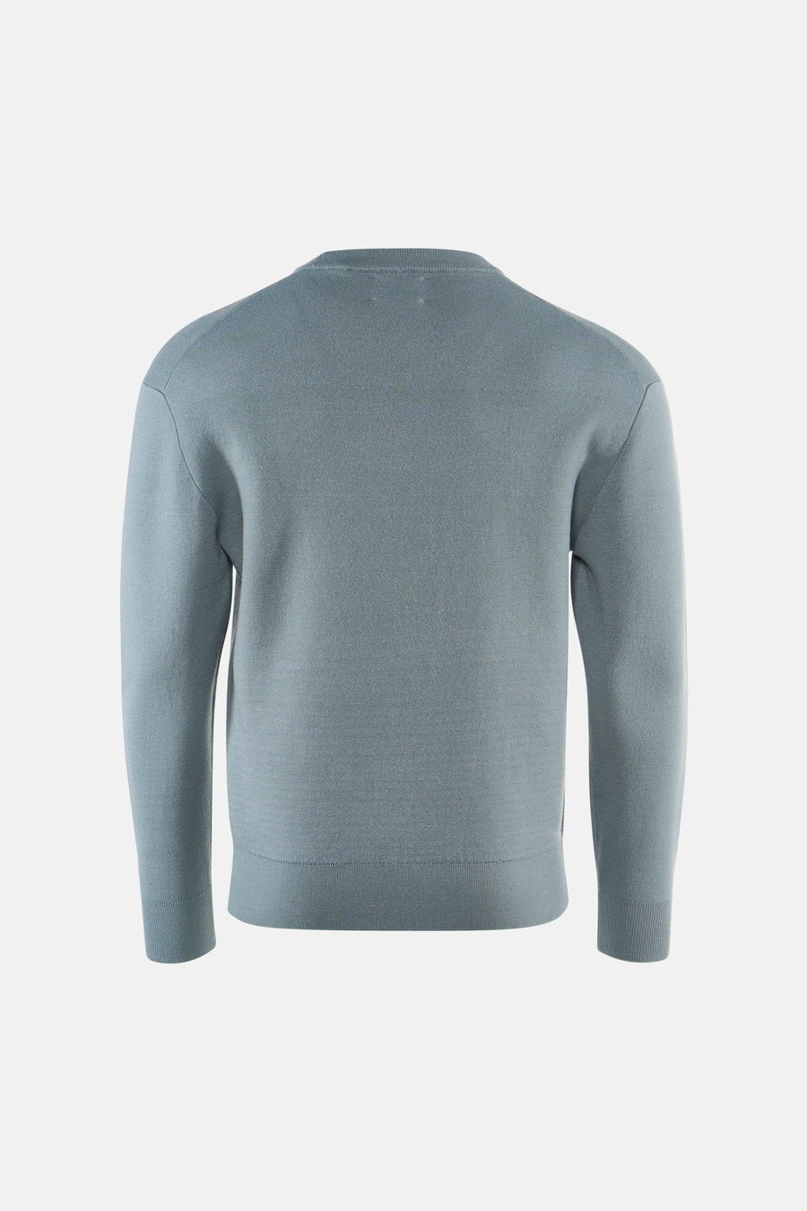 Blue crewneck sweater with ribbed cuffs and hem, back view, knit texture visible