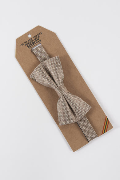 Nœud papillon marron tissé par Le Fabuleux Marcel de Bruxelles, sur un support en carton avec des rayures.
