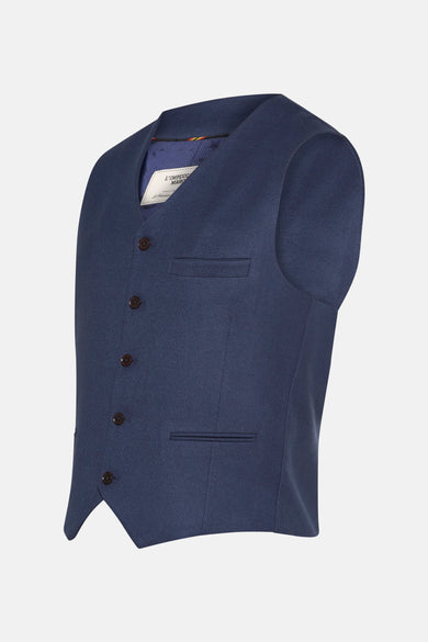 Marineblauwe bodywarmer van Le Fabuleux Marcel de Bruxelles, met bruine knopen en een paspelzak op de borst.
