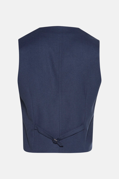 Blauwe bodywarmer van Le Fabuleux Marcel de Bruxelles, achterkant met verstelriem.