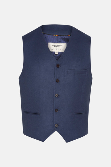 Blauwe bodywarmer van Le Fabuleux Marcel de Bruxelles met vier knopen en een borstzak.