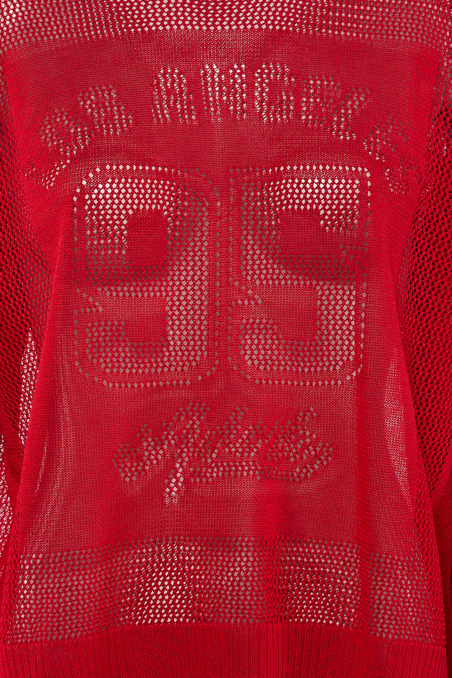 Sweat rouge de ADORE avec motif ajouré chiffres et lettres, en maille résille transparente.