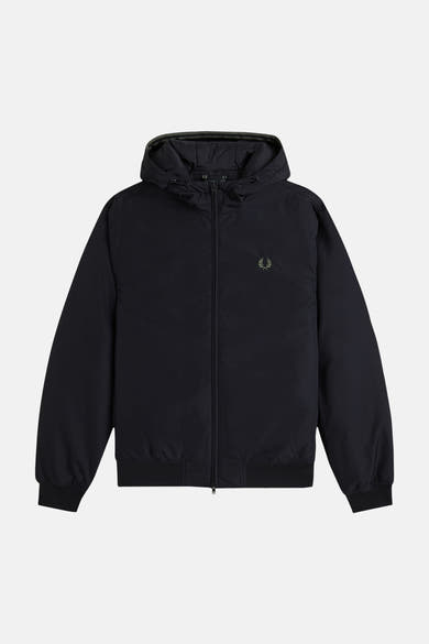 Black waterproof hooded jacket by Fred Perry with front zipper and olive laurel wreath logo, front view
