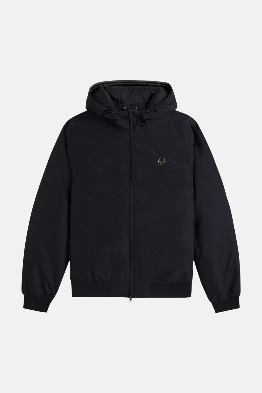 Black waterproof hooded jacket by Fred Perry with front zipper and olive laurel wreath logo, front view