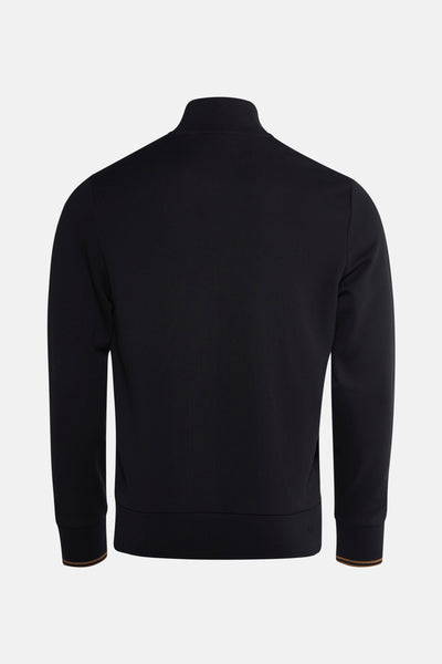 Zwarte sweat met opstaande kraag van FRED PERRY, lange mouwen, geribbelde zomen met contrasterende bruine band.