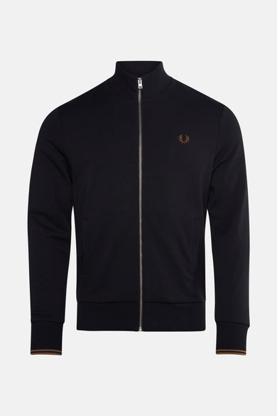Zwarte sweat met opstaande kraag van FRED PERRY met ritssluiting en geborduurd logo.