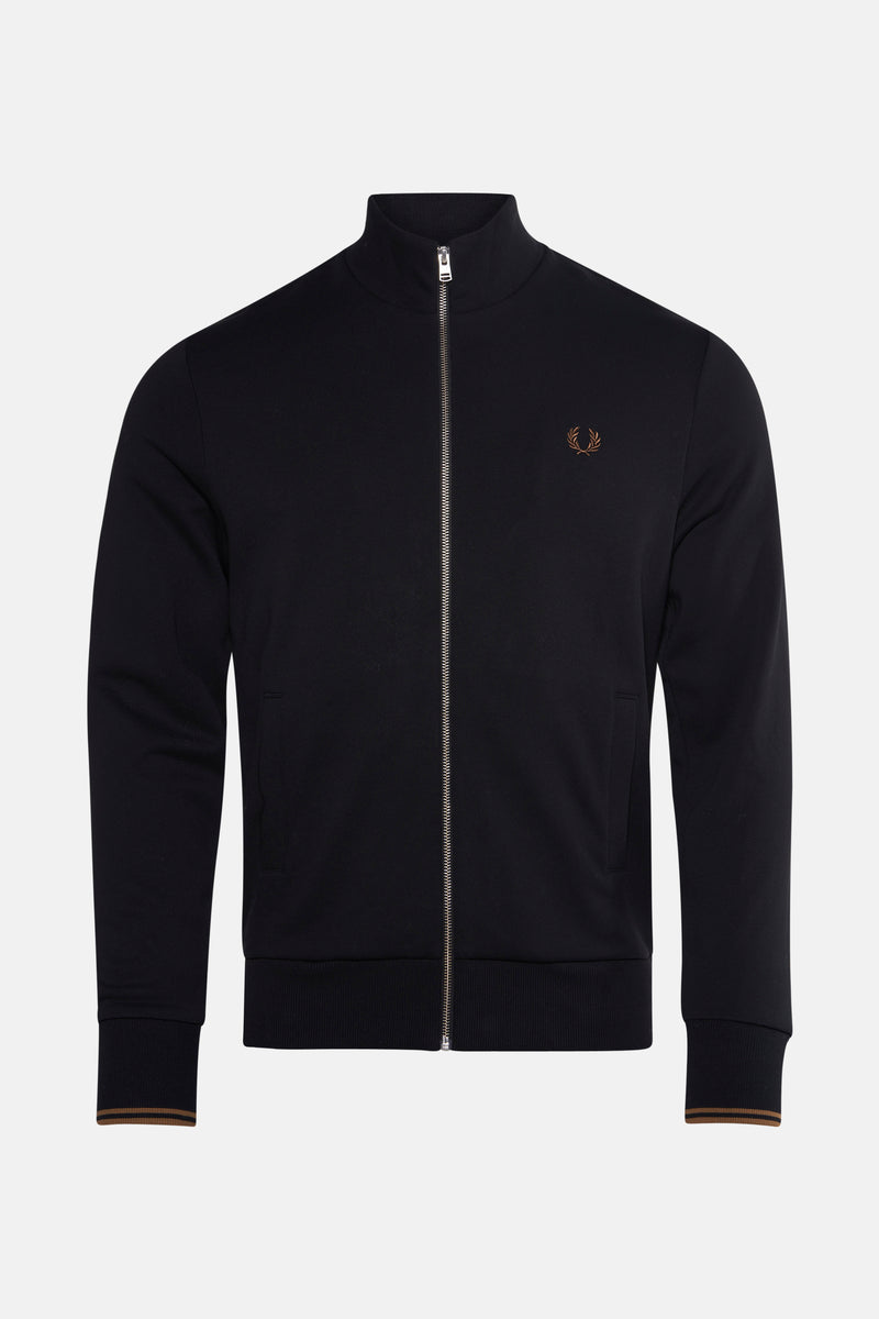 Zwarte sweat met opstaande kraag van FRED PERRY met ritssluiting en geborduurd logo.