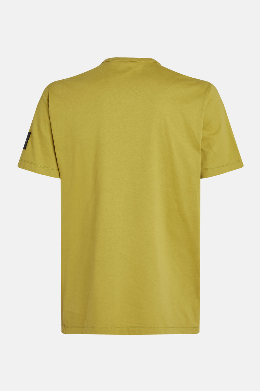 Okerkleurig T-shirt met korte mouwen van Calvin Klein, achteraanzicht, met een zwart label op de mouw.