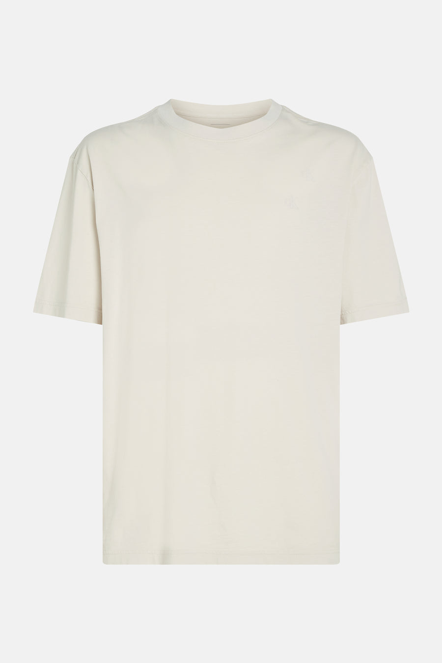 Ecru T-shirt met korte mouwen van Calvin Klein, met een discreet logo op de borst, op een neutrale achtergrond.