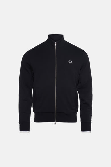 Black ribbed knit gilet with full zipper and white laurel wreath logo, front view, by Fred Perry