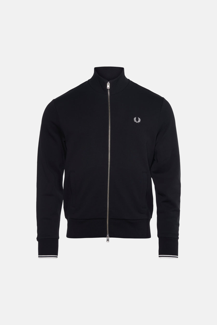 Black ribbed knit gilet with full zipper and white laurel wreath logo, front view, by Fred Perry