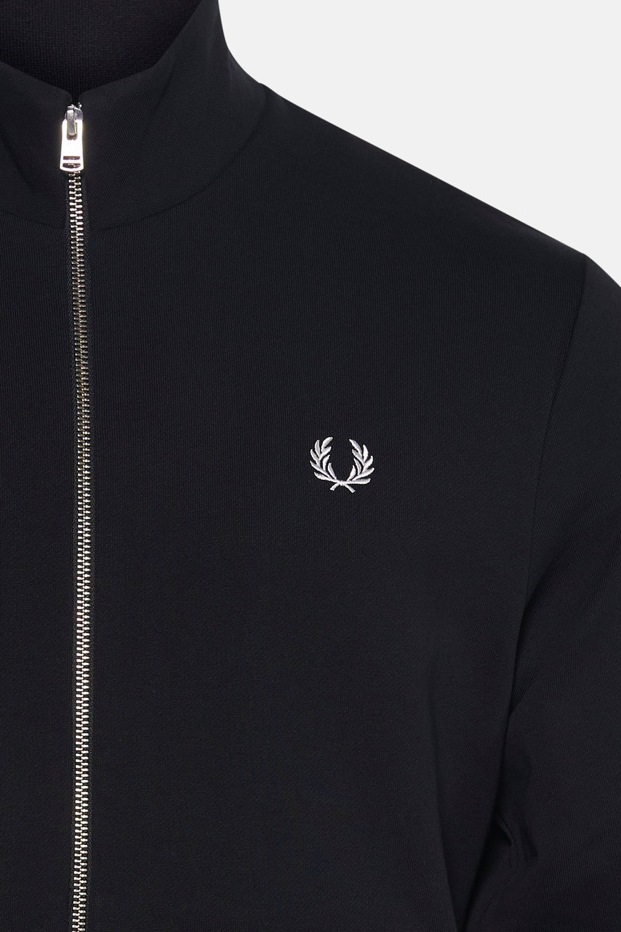 Black zip-front gilet by Fred Perry with white embroidered laurel wreath logo, ribbed collar, and front zipper detail