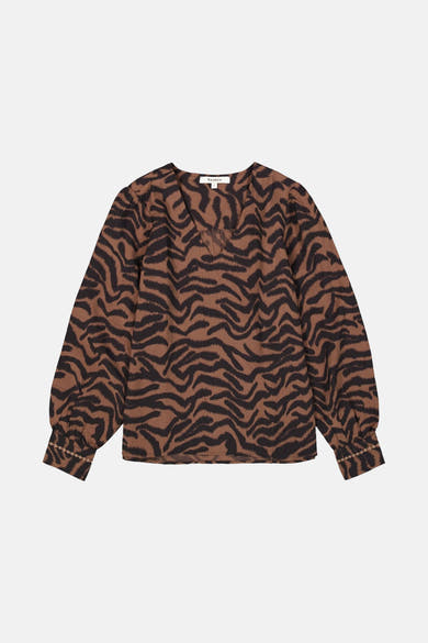 Bruine met lange mouwen in bruin van GARCIA, met zwart zebraprint en geborduurde details op de manchetten.