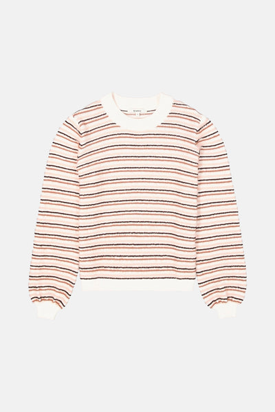 Multikleuren rondehals trui van GARCIA met horizontale roze, witte en bruine strepen.