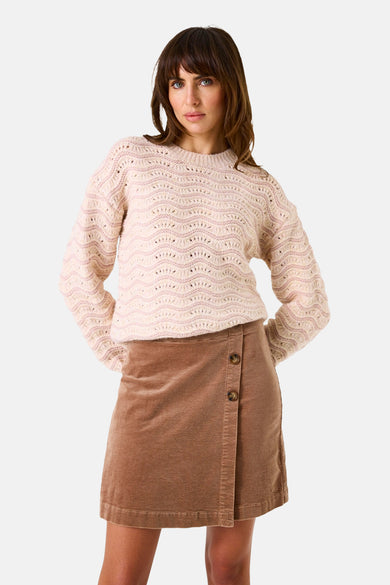 Bruine GARCIA korte corduroy rok met asymmetrische knoopsluiting.