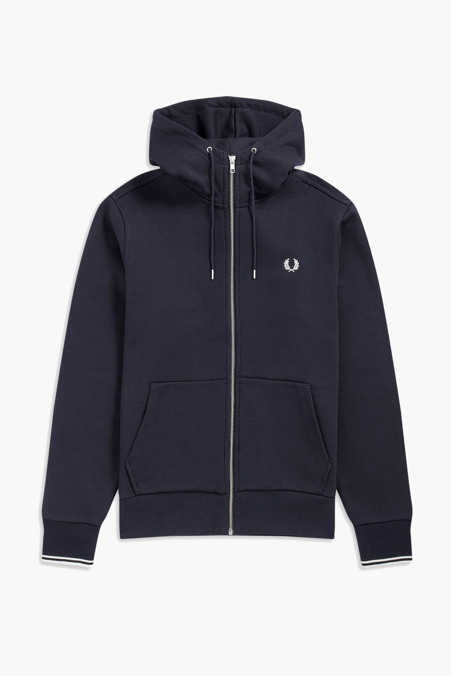 Blauwe bodywarmer van Fred Perry, met capuchon, ritssluiting en geborduurd logo op de borst.