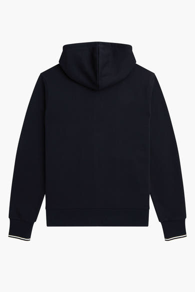 Marineblauwe FRED PERRY bodywarmer met capuchon en lange mouwen met witte strepen op de manchetten, achterzijde.