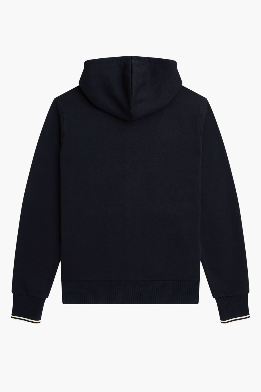 Marineblauwe FRED PERRY bodywarmer met capuchon en lange mouwen met witte strepen op de manchetten, achterzijde.