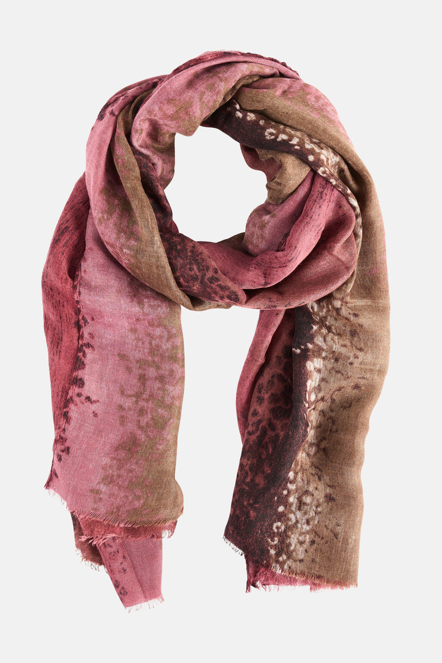 Foulard Access® rouge rosé et brun à motifs, présenté noué