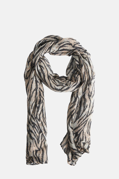 Zwarte sjaal van Access® met beige en zwarte zebraprint, gekreukte textuur.