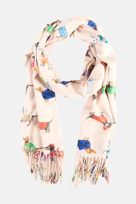 Écharpe beige Access® à motif de chiens colorés, avec franges multicolores