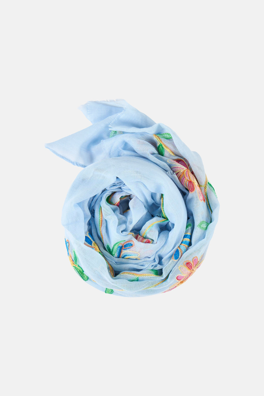 Foulard bleu Access®, enroulé en spirale, avec motifs floraux brodés multicolores.