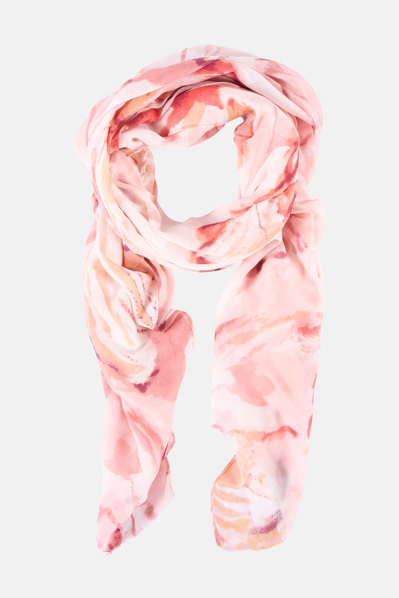 Multikleuren sjaal van Access® met een abstract roze, rood en beige patroon, opgerold gepresenteerd.