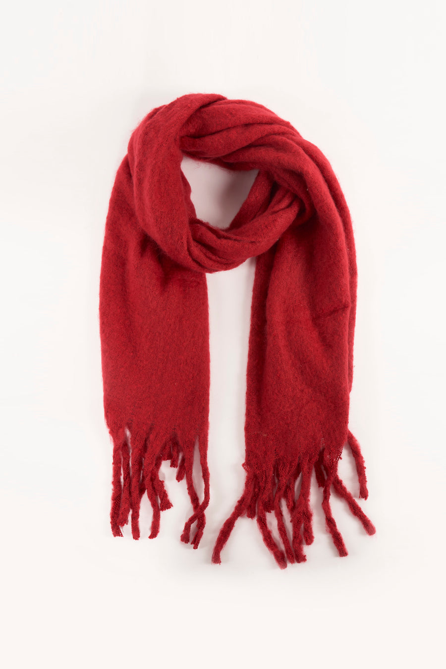 Écharpe rouge Access®, en laine avec des franges décoratives sur un fond blanc.