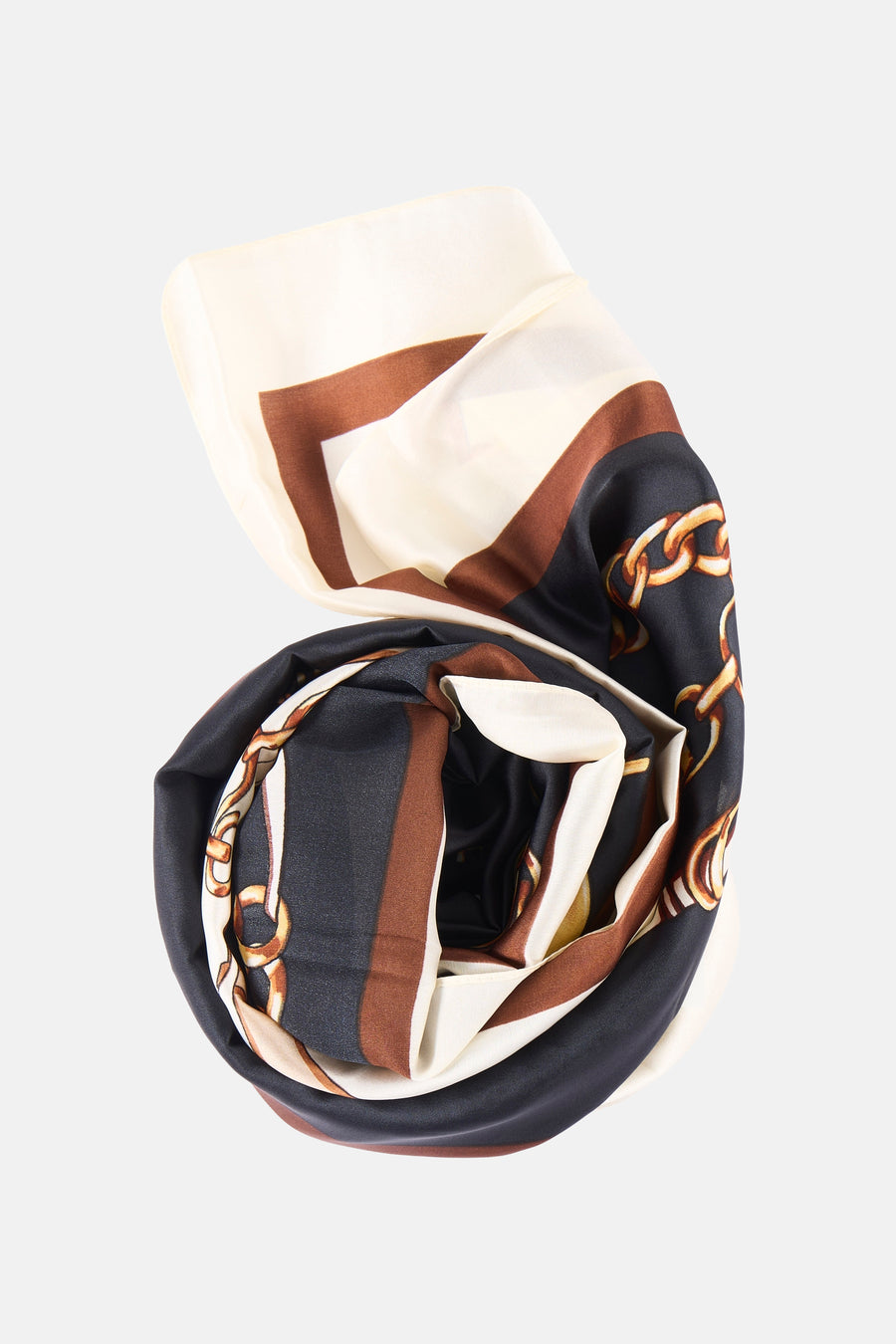 Multikleuren sjaal van Access® met gouden kettingpatroon en contrasterende geometrische rand.