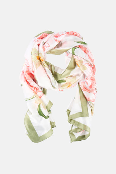 Foulard multicolore par Access®, à motifs floraux roses et jaunes, bordure vert olive.