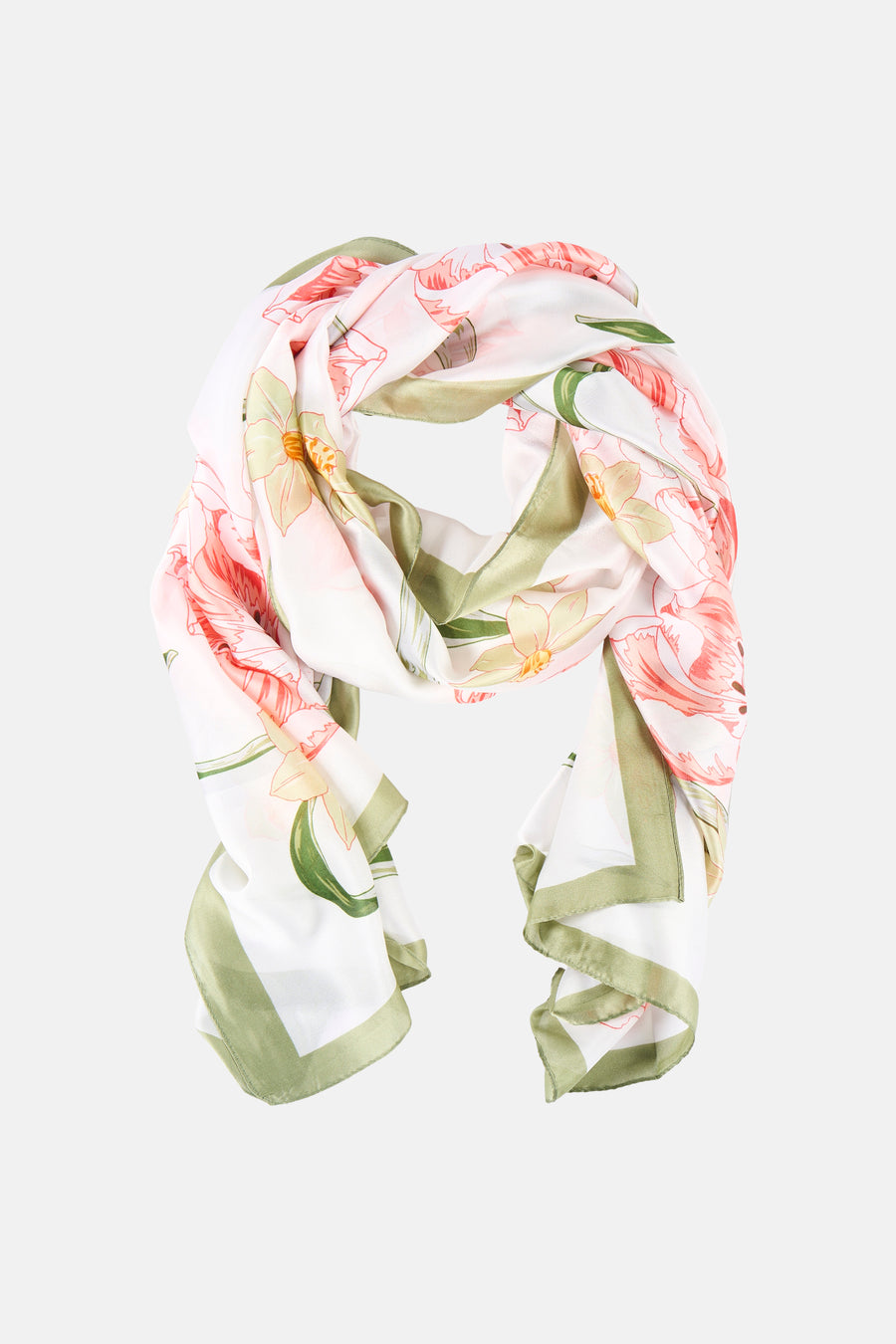 Foulard multicolore par Access®, à motifs floraux roses et jaunes, bordure vert olive.