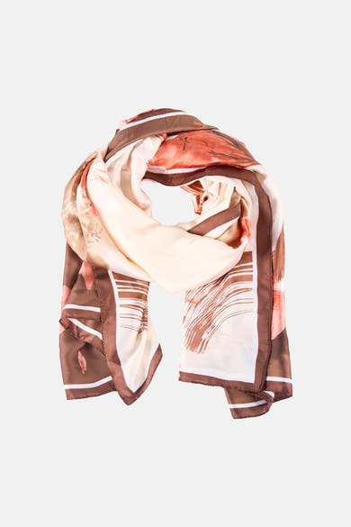 Foulard multicolore Access®, avec motifs floraux et rayures graphiques dans des tons de marron, beige et corail.