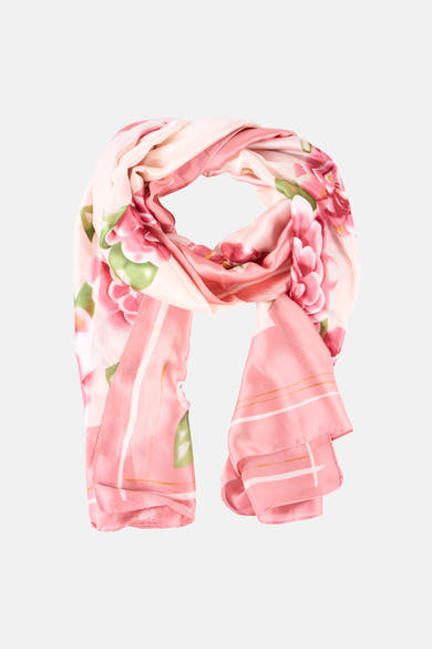 Roze zijden sjaal van Access® met een roze, groen en wit bloemenpatroon, met strepen.