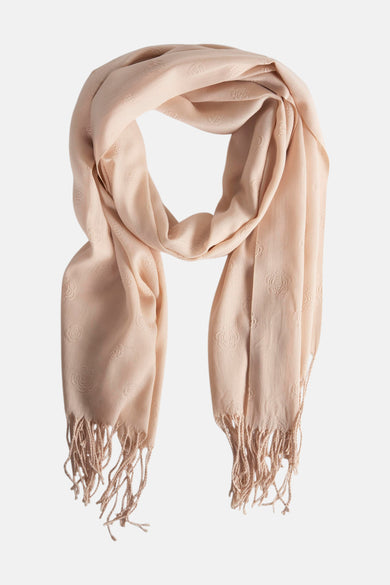 Foulard beige Access® avec motif floral ton sur ton et franges décoratives.