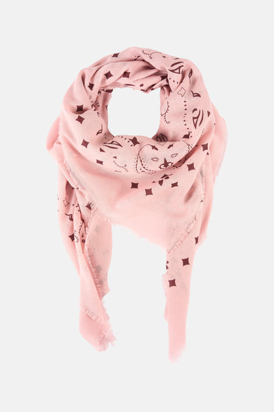 Foulard rose Access® avec motifs imprimés d'yeux, d'étoiles et de losanges, bordure effilochée.