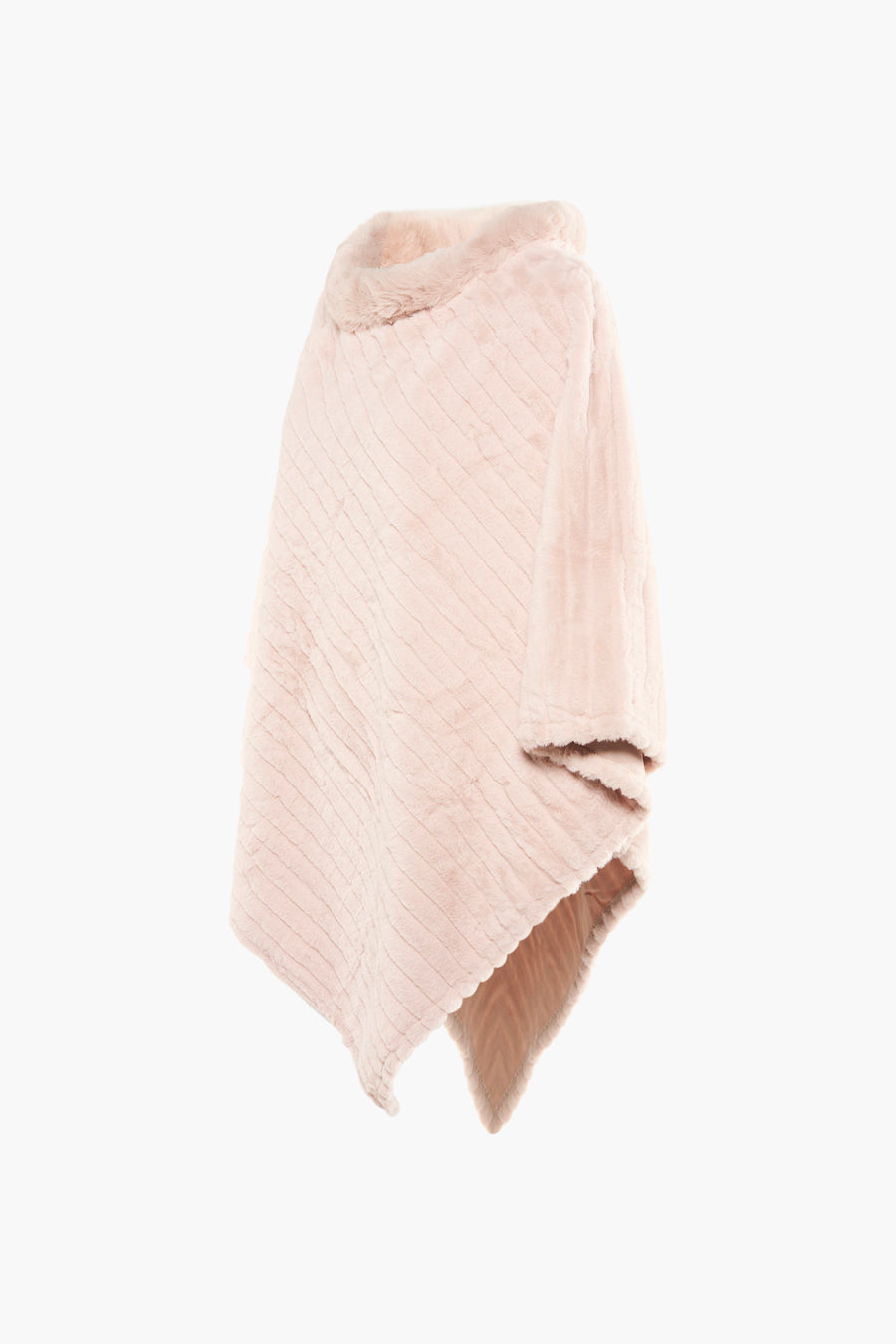 Poncho beige Access® avec texture en fourrure synthétique, rayures discrètes et col montant.