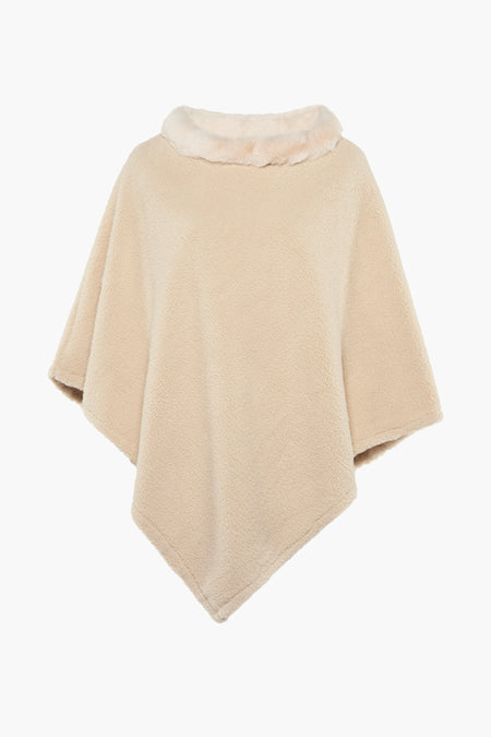 Beige poncho in teddy stof van Access®, met een zachte imitatiebontkraag.