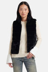 Veste sans manches noire en fausse fourrure de Access®, à col montant zippé, portée sur un pull crème et un jean.