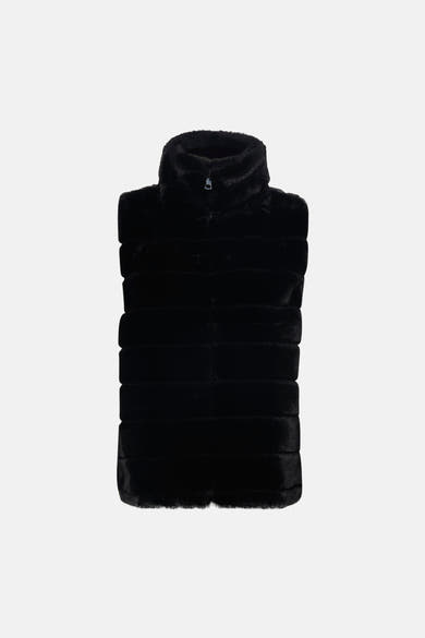 Veste sans manches noire de Access® en fausse fourrure texturée horizontalement avec col montant et fermeture éclair.