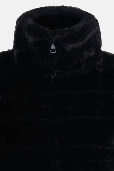 Zwarte nepbonten bodywarmer van Access®, met opstaande kraag met rits en horizontale strepen.